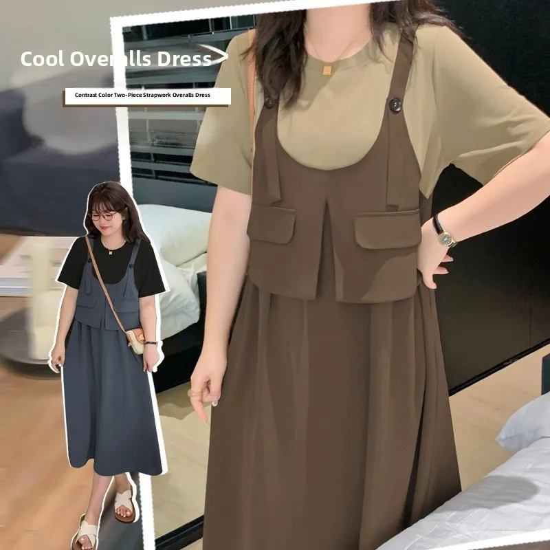 

plus Size Workwear Dr Summer New Arrival Slimming Color Blo ort Sve Overalls Long A-Line Skirt Casual Sle for Plu...