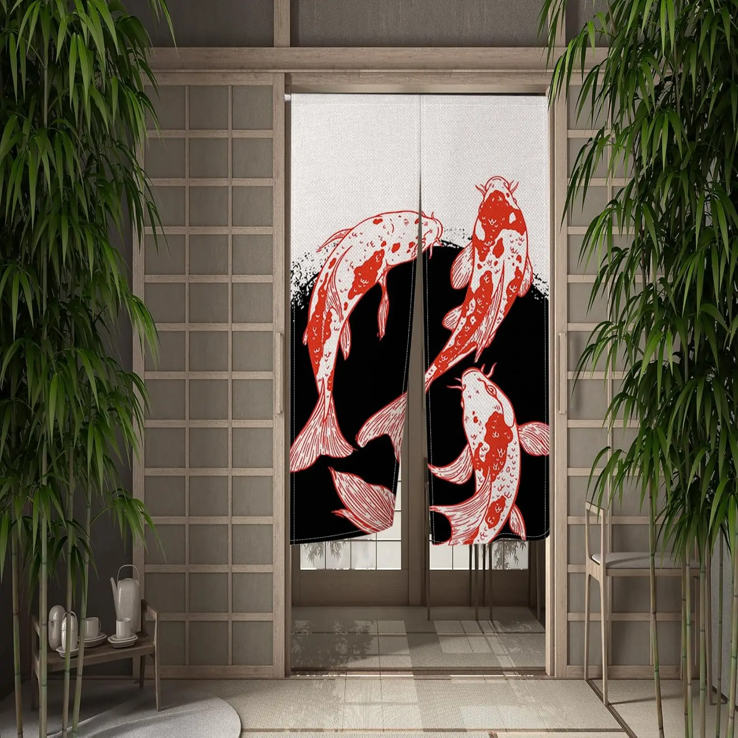 Japanese Carps Koi Fishes Doorway Curtain Long Style Bring Good Luck Window Treatment Doorway Tapestry Wall Hanging Bedroom