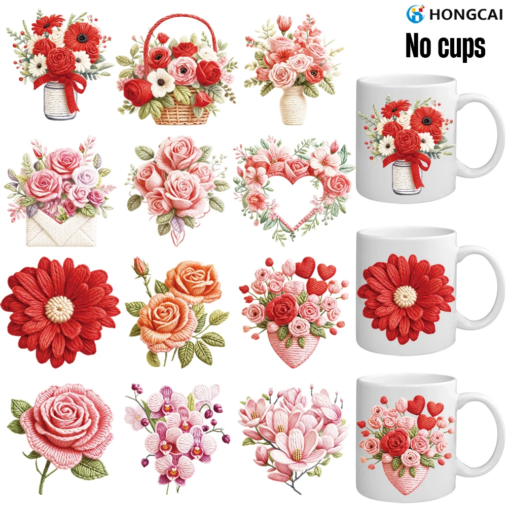 

12-Piece Valentine's Day Floral Embroidery-Style UV DTF Stickers, Waterproof and Scratch-Resistant