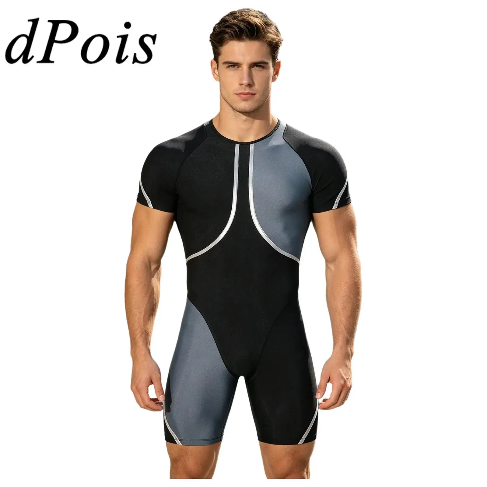 Herren-Overall mit Farbblock-Design, oberschenkellanger Bodysuit, Badebekleidung, einteiliger Badeanzug, kurzärmlig, mit metallischem Besatz, Badeanzüge, Bodysuits
