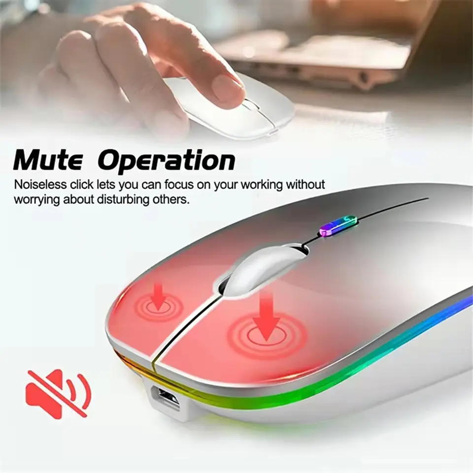 ماوس ألعاب لاسلكي مريح مع إضاءة خلفية RGB، قابل لإعادة الشحن، صامت، متوافق مع USB، مناسب للكمبيوتر المحمول والكمبيوتر الشخصي