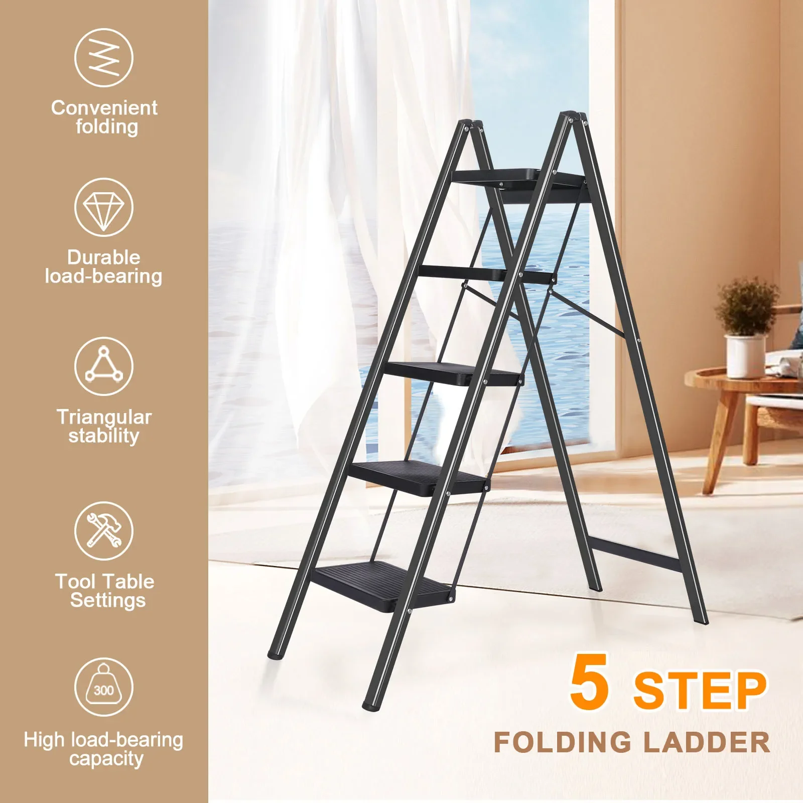 Updated 5 Step Ladder , Lightweight Foldable Ladder with Non-Slip Wide Pedals, Stepladder with Safe Handrail, Space Saving