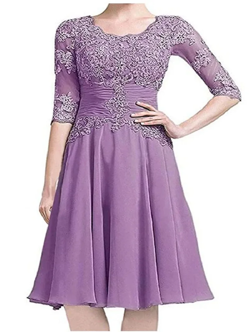 YNQNFS WLD01 The bride's mother's silver round-neck short chiffon wedding banquet dress has a long middle sleeve