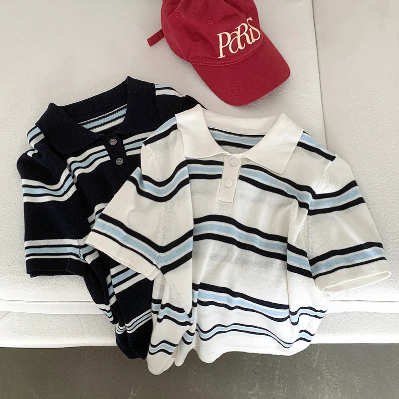 Summer 100% cotton women's T-shirt casual striped knit pullover short sleeved l… - Image 6