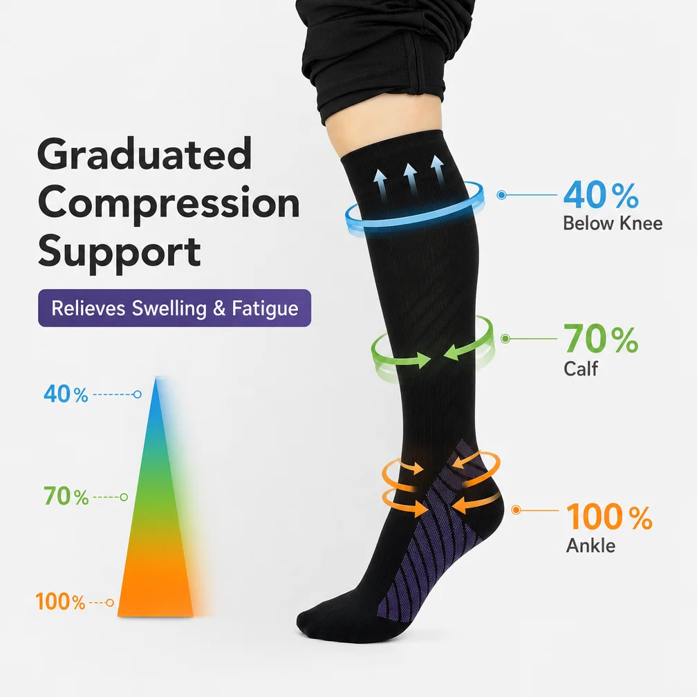 1 Pair 20-30mmHg Knee High Brace Compression Socks Firm Support Varicose Veins Stovepipe Stocking Unisex Therapeutic Leg Brace