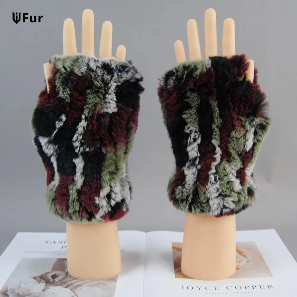 

2024 New Fashion Real Rex Rabbit Fur Gloves Women Winter Genuine Fur Mittens Girl Fingerless Gloves Wrist Warmer Elastic Fluffy