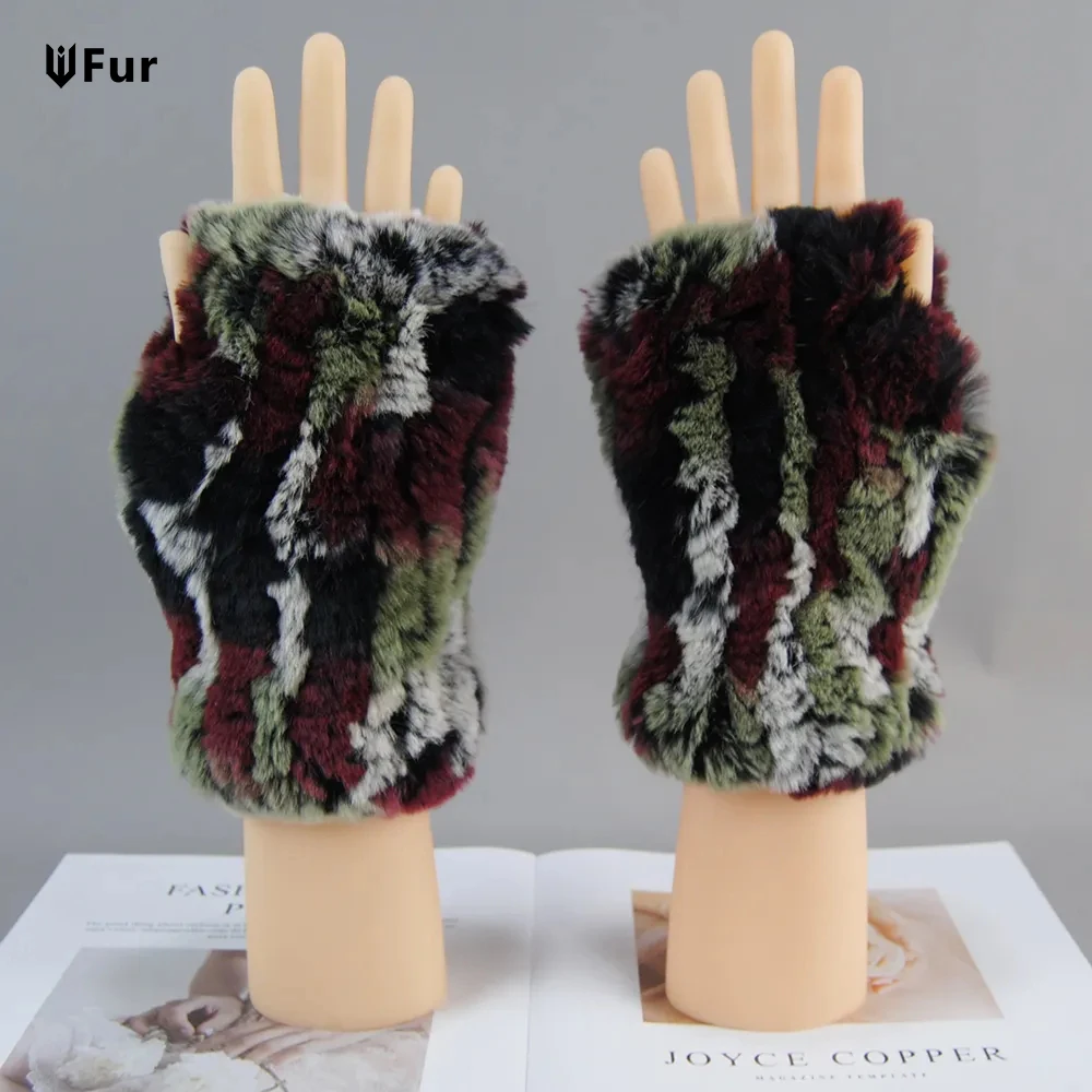 2025  New Fashion Real Rex Rabbit Fur Gloves Women Winter Genuine Fur Mittens Girl Fingerless Gloves Wrist Warmer Elastic Fluffy