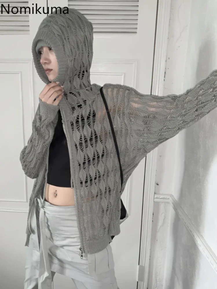 Pull à capuche côtelé Harajuku pour femmes, manteau évidé, veste mince, cardigan Y2K, vêtements à la mode, 2024