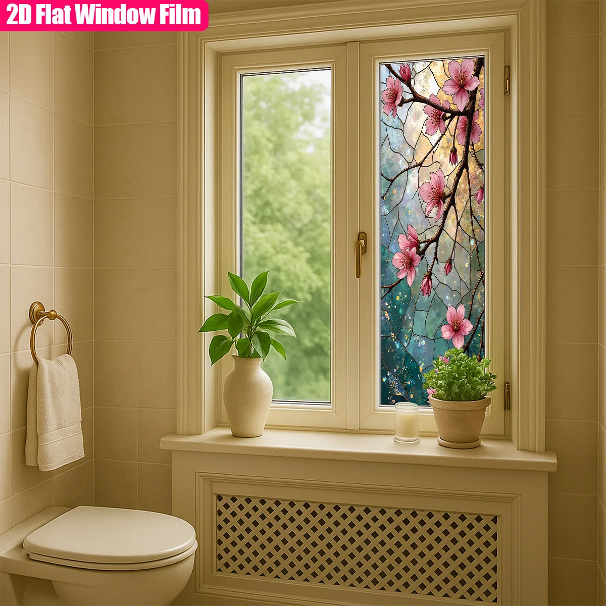 1Pc Vintage Stained‑Glass Peach Blossom Window Film Colorful Glass Texture Shading & Privacy Protection