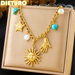 DIEYURO 316L Stainless Steel Pearl Turquoise Star Golden Sun Palm Pendant Necklace For Women New Fashion Neck Chain Jewelry Gift
