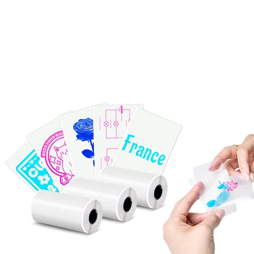 Papel térmico autoadhesivo transparente de 57mm cian/rosa/azul/negro sobre transparente brillante para Mini impresora térmica para notas de álbum de recortes