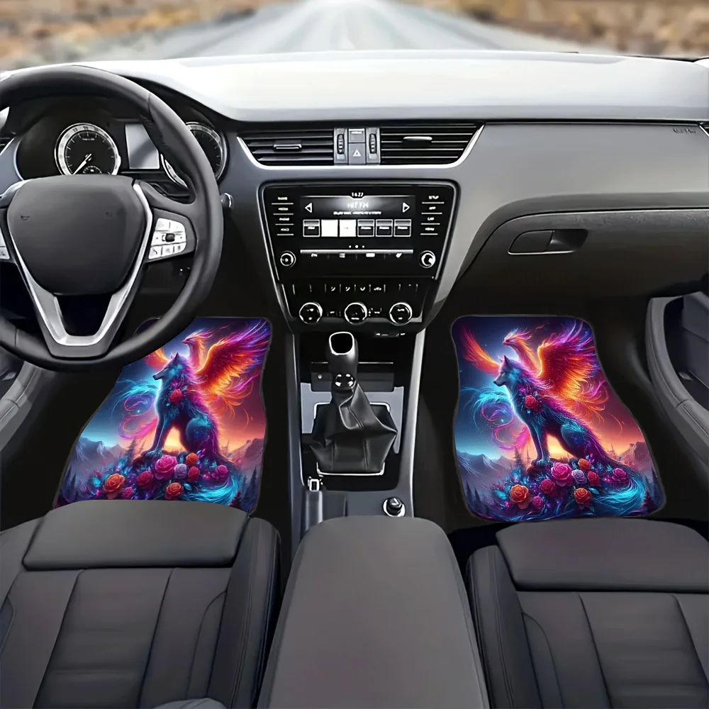 4pcs Set Of Car Floor Mats Featuring A Rainbow Wolf And Fire Phoenix Design, Universal Non-Slip Protection And Dust-Proof Front