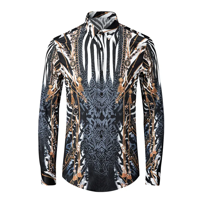 High-end vintage leopard print gold-plated chain long-sleeved shirt - Luxurious court-style men's fitted banquet shirt