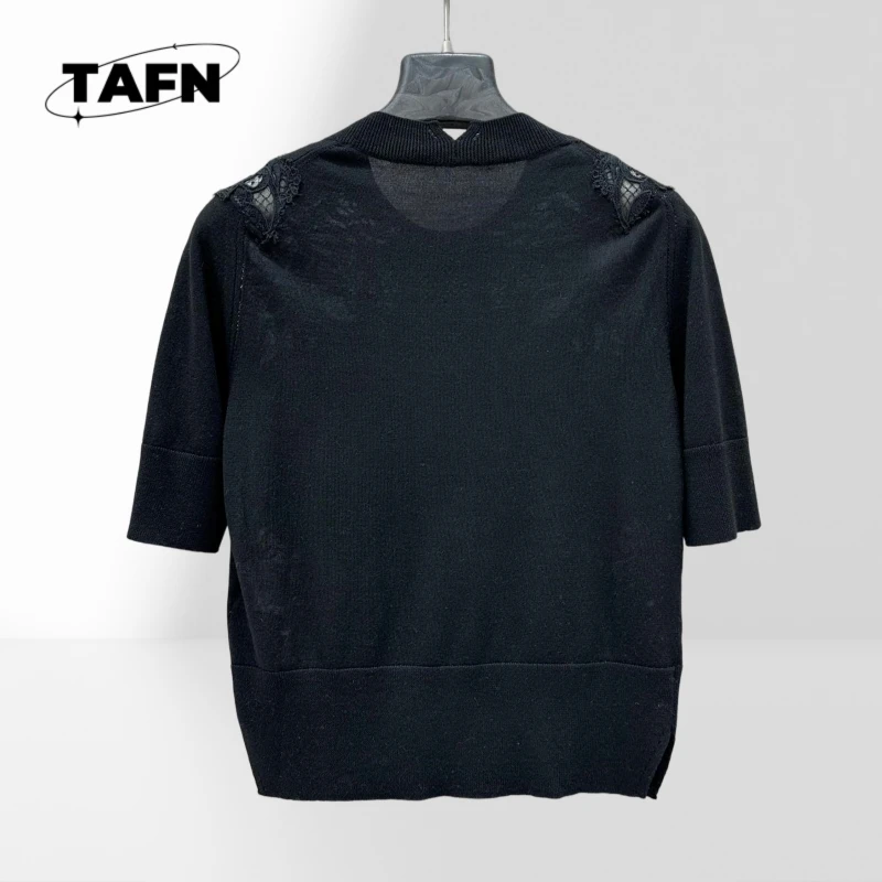 Luksusowa kaszmirowa bluzka bankietowa z koronką, krótkim rękawem, wzorem kwiatowym, dzianinowa odzież damska, 75% wełna, 25% prawdziwej jedwabiu, elegancka A25366