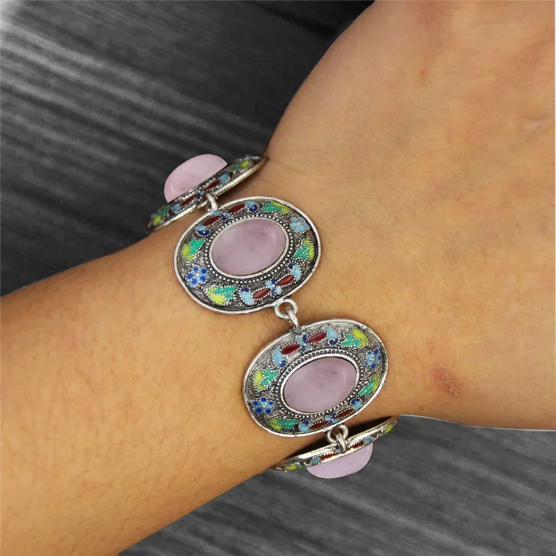 Vintage Oval Quartz Lapis Lazuli Bracelets For Women Bohemia Painting Craft Flower Plant Natural Stone Fashion Bracelet
