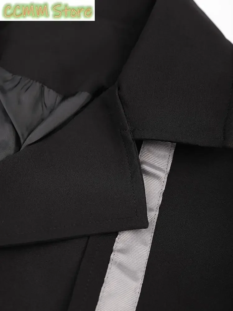 Women Black Color-Block Buttontrench New Lapel Long Sleeve Loose Fit Windbreaker Fashion Tide Spring Autumn