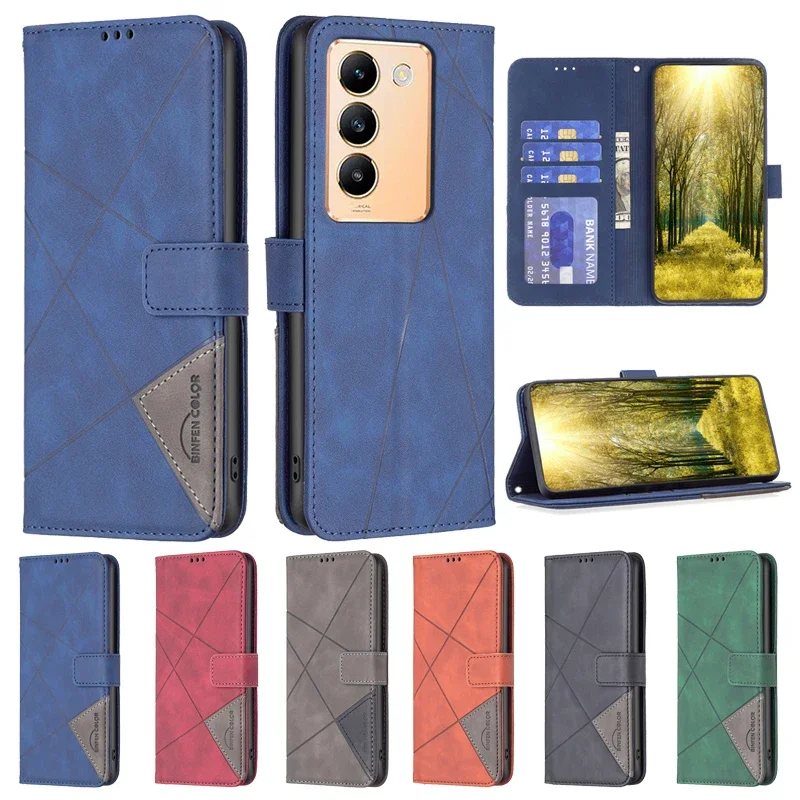 Flip Leather Wallet Cover Case on For VIVO Y200E 5G Y200 E V29E Y27 4G Y36 5G VIVOY200E Geometric Phone Bags Protect Cases