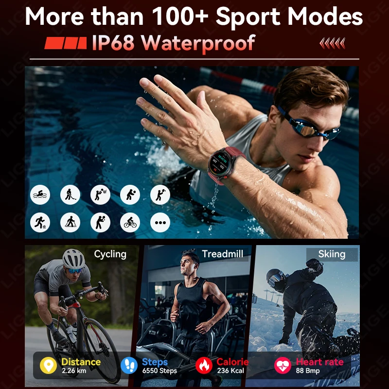 LIGE New Outdoor GPS Offline Map Smart Watch Men 3ATM Waterproof 170+ Sports Compass Altimeter AMOLED Bluetooth Call Smartwatch