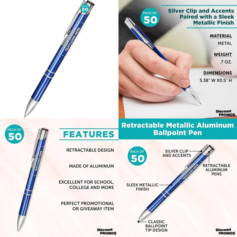 

Bulk Custom Ballpoint Pens Set of 50, Personalized Aluminum with Black Ink, Ideal for Office, School, Business Use