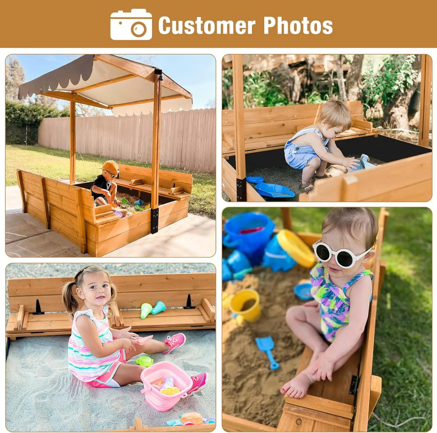 Sandbox per bambini con coperchio-scatola di sabbia in legno per esterni per bambini di grandi dimensioni con protezione sabbia di copertura, sedili da banco pieghevoli e Roo retrattile