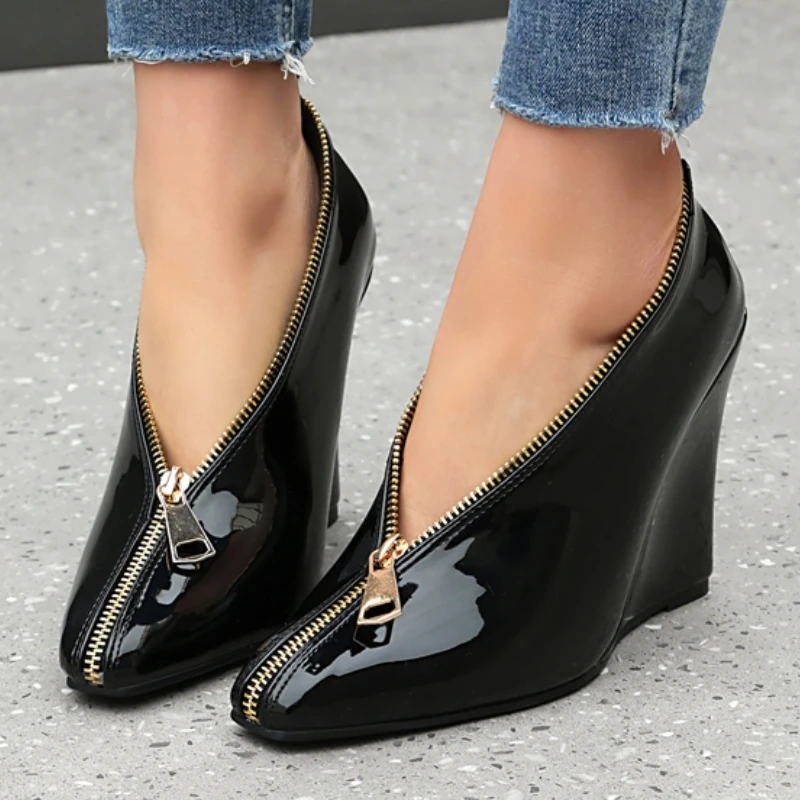 

Sexy Women's Wedge High Heels Pumps Shoes Sexy Zipper Black Red White Wedges Heeled Large Size Office Party Wedding Shoes Ladies