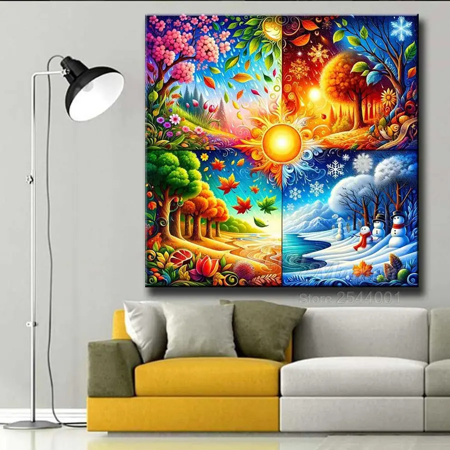 Ever Moment AB Diamond Embroidery Painting 4 Seasons Colorful Tree Landscape Resin Drills Home DIY Gift ASF2941