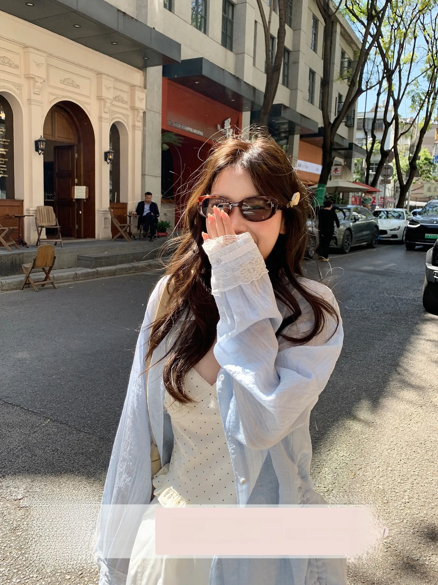 

Blue Lace Long Sleeve Loose Women's Shirt Korean Style Slimming Top Cheese Rabbit Premium Quality Patchwork Gown