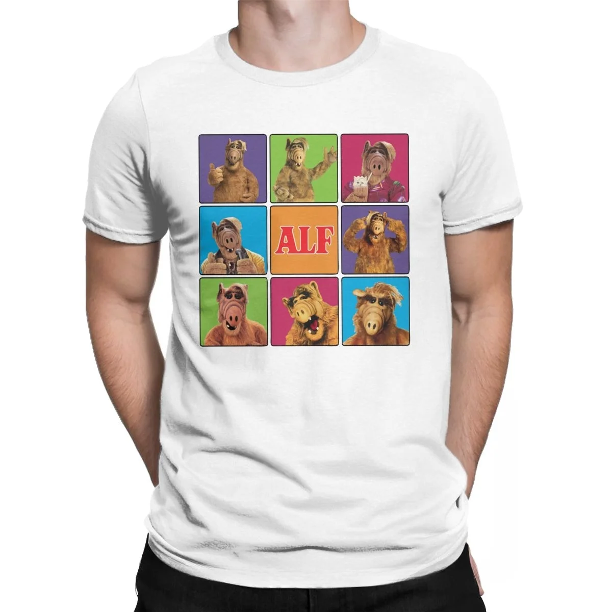 Alf Squares Si Fi Men's T Shirts Furry Alien Fun Tees Classic Short Sleeve Round Neck T-Shirt Pure Cotton Gift Idea Clothing