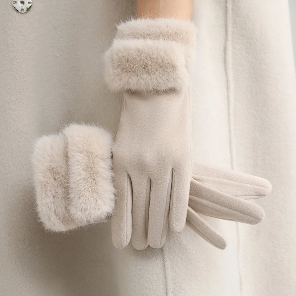Thick Warm Fleece Lined Gloves Women Size Lined Design Winter Gloves Suede Material Furry Cuff Windproof Gloves