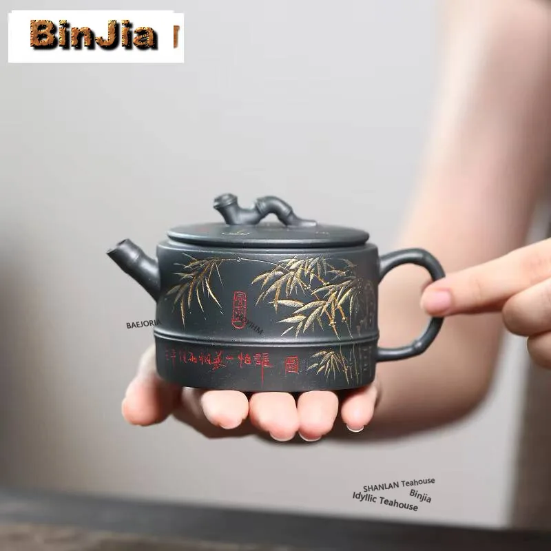 170ml Yixing Purple Clay Teapots Famous Handmade Bamboo Joint Large Caliber Pot Raw Ore Dark Green Mud Kettle Zisha Tea Set Gift