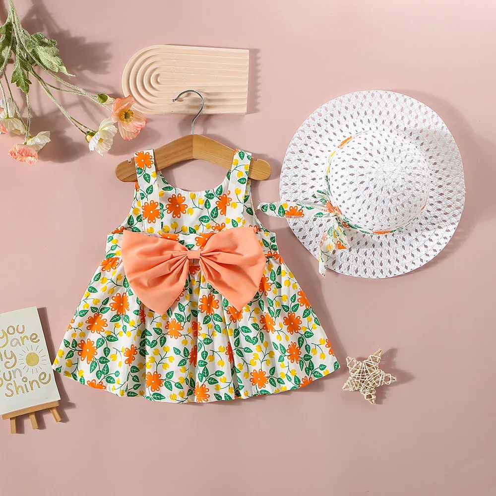 

Girl Summer Casual Outing Clothing Floral Print Bow Sleeveless Cotton Dress Baby Girl Dress Send Hat