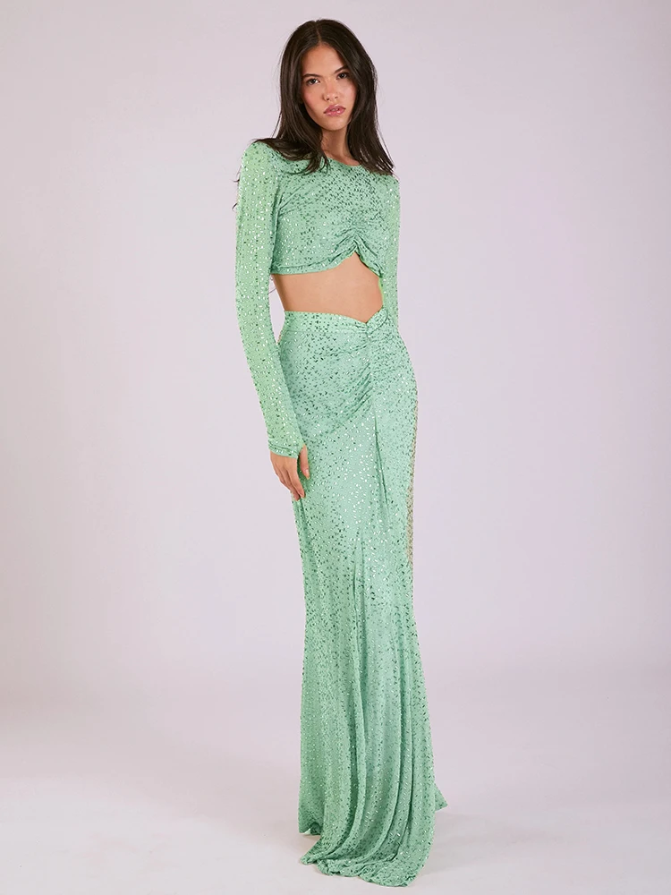 أزياء كوكتيل حزب جاذبية الترتر الأبيض المحاصيل الأعلى وتنورة مجموعة مثير ملهى ليلي ثوب مسائي بأكمام طويلة #4