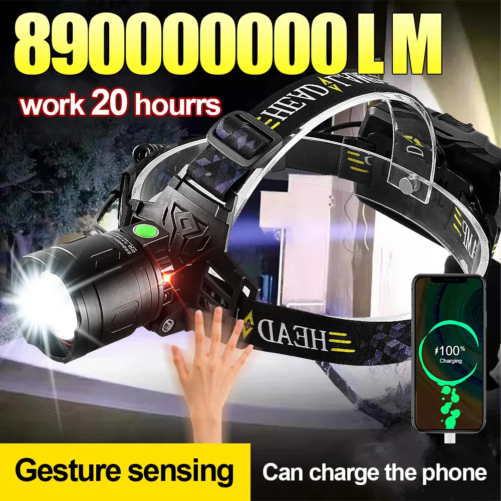 890000000LM Ultra Powerful LED Headlamp Head Flashlight Rechargeable Head Torch Fishing Hunting Waterproof Long Range Headlight