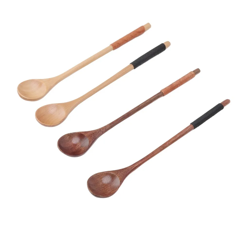 4Pcs Wood Main Body Coffee Spoon Thread Wrapped Handle Solid Stirring Scoop Anti Slip Hand Grip Smooth Polished Utensil Bar Use