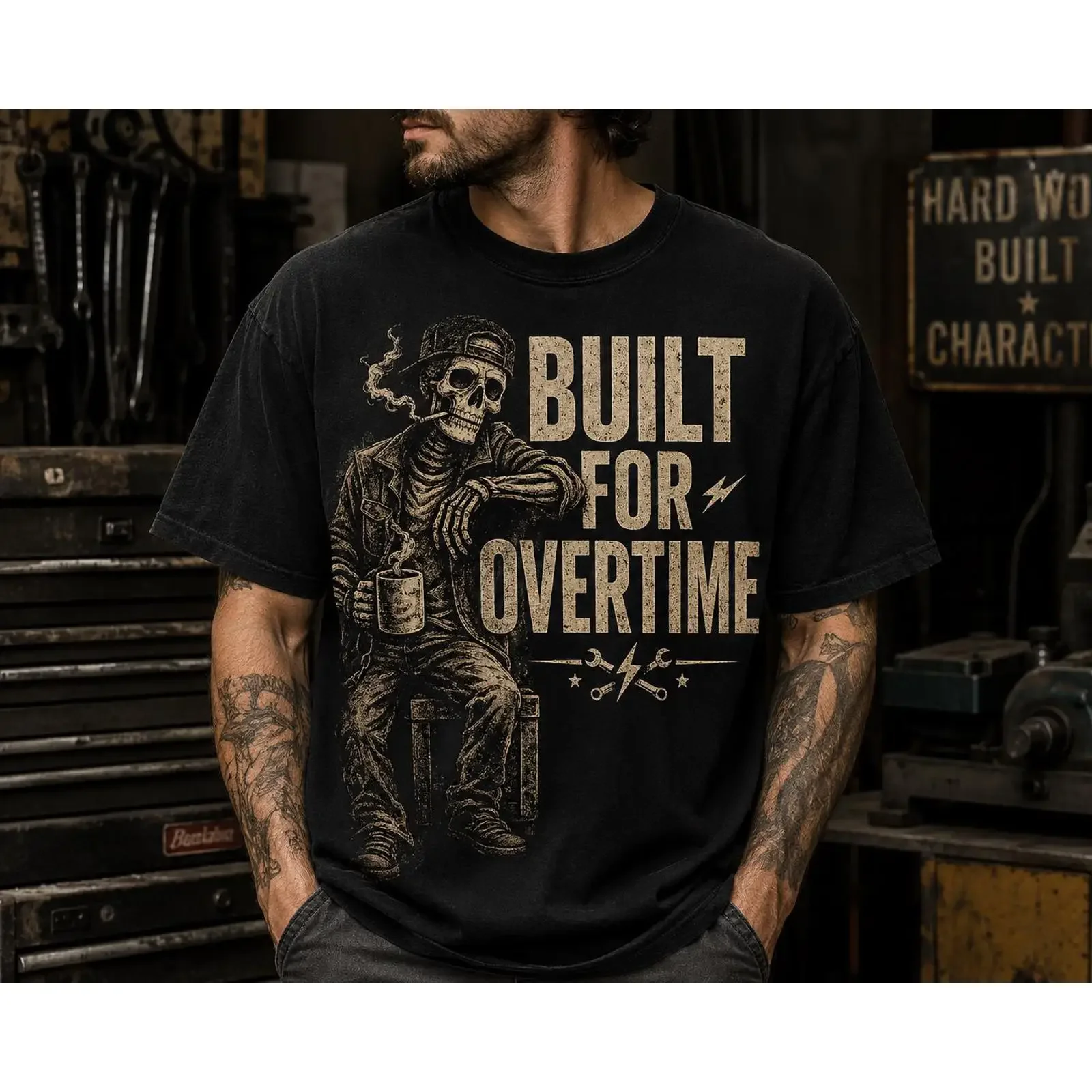 Built for Overtime Skeleton T Shirt Vintage Blue Collar Workwear vintage Washed Casual Comfortable streetwear designer clothes