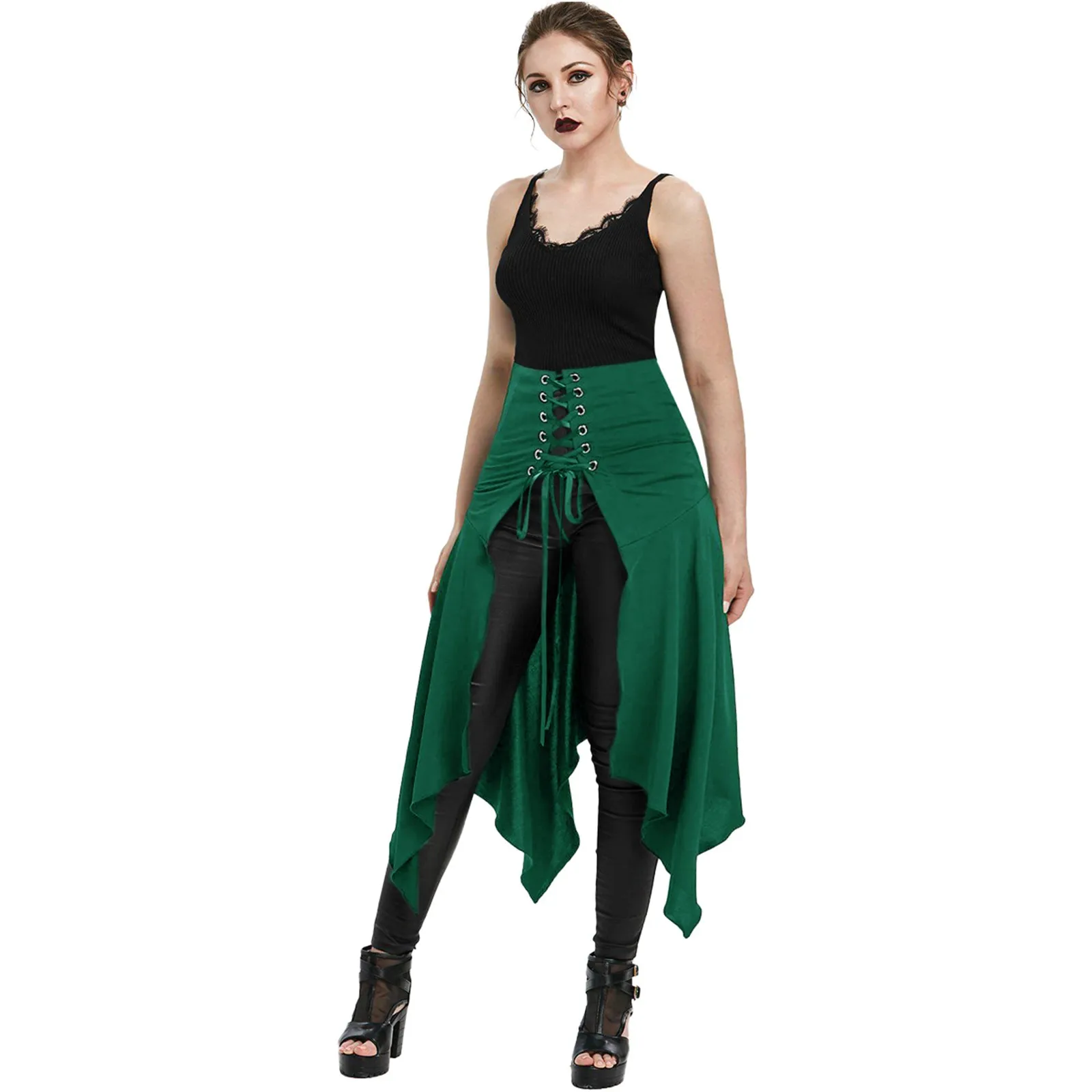 Women Punk Gothic Skirt Fashion Solid Asymmetric Hem Lace Up Front Split Skirts Cross Bundled Wrap Hip Role Playing Costume