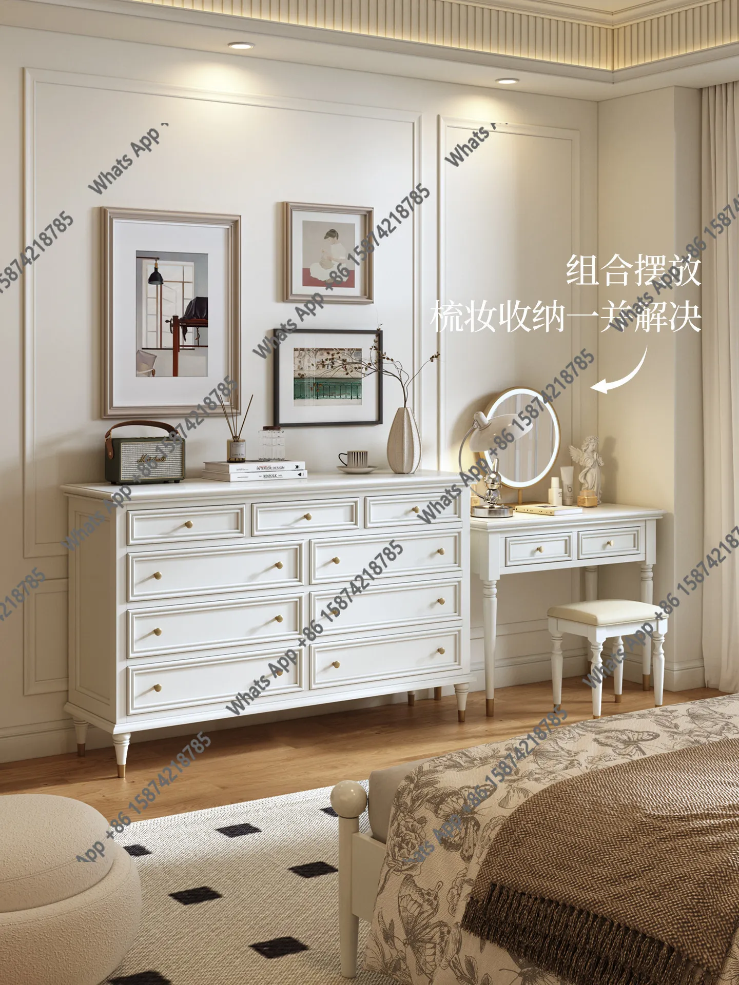 French solid wood five, seven, eight, nine, chest of drawers, bedroom, white cabinet, wall light luxury, American bedside storag