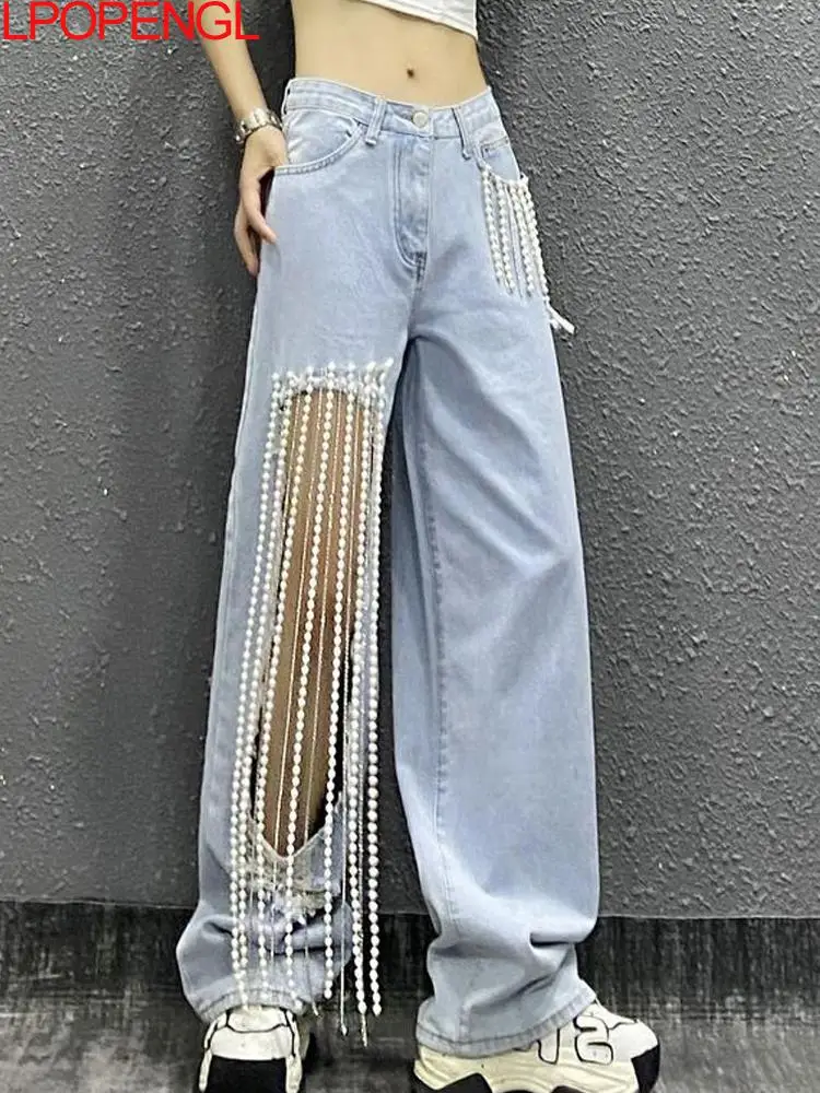 

Fashion Beaded Ripped Chain Design Jeans Women's Spring And Summer Cut-out High-waisted Loose Versatile Button Wide-leg Pants