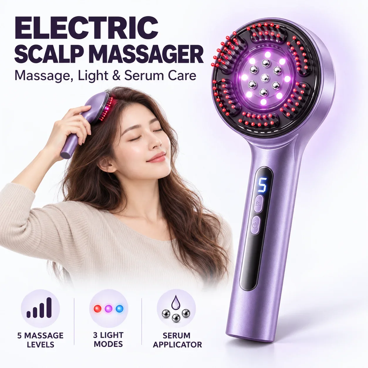 Electric Scalp Massager Comb 5 Levels 3 LED Light Modes Serum Applicator USB-C Rechargeable Head Massage Brush for Men and Women