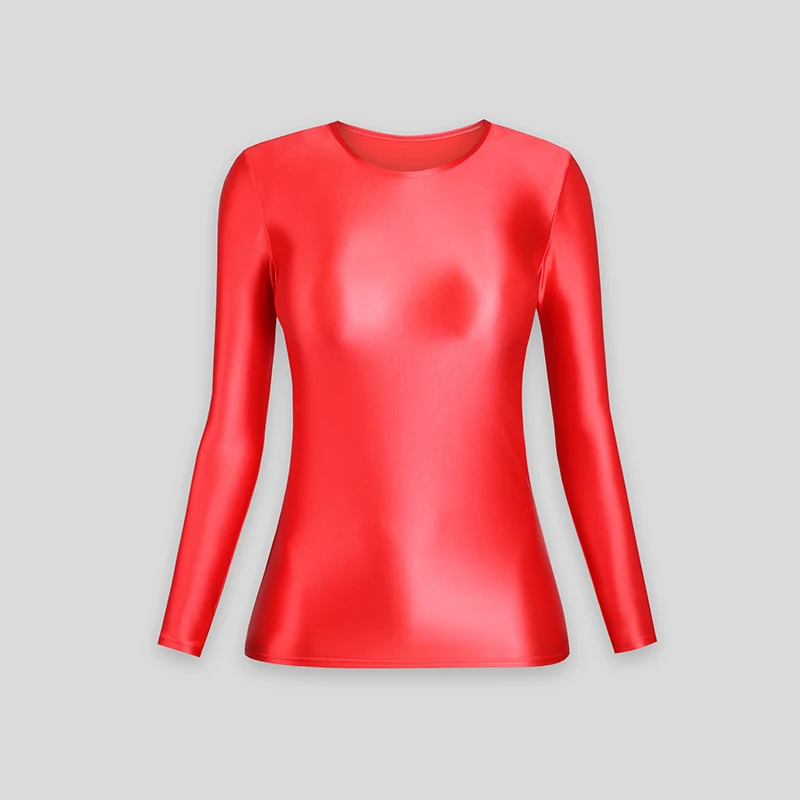 XCKNY satin glossy Long Sleeve Elastic high Neck Tight Sports Basic Shirt solid shiny top Casual Fashion T-shirt