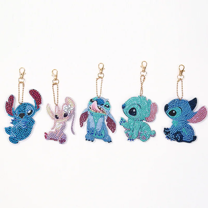 5 Pieces Diamond Painting Acrylic Keychain Double-sided DIY Full Diamond Painted Stitch Cartoon Diamond Pendant