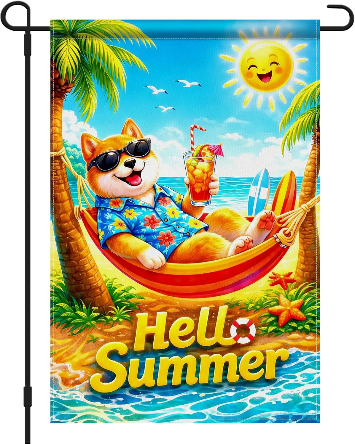 IVN Hello Summer Garden Flag Shiba Inu Dog Flag 12x18 Inch Double Sided Summer Dog Garden Flag Beach Hammock Sea Beach Seaso jjp