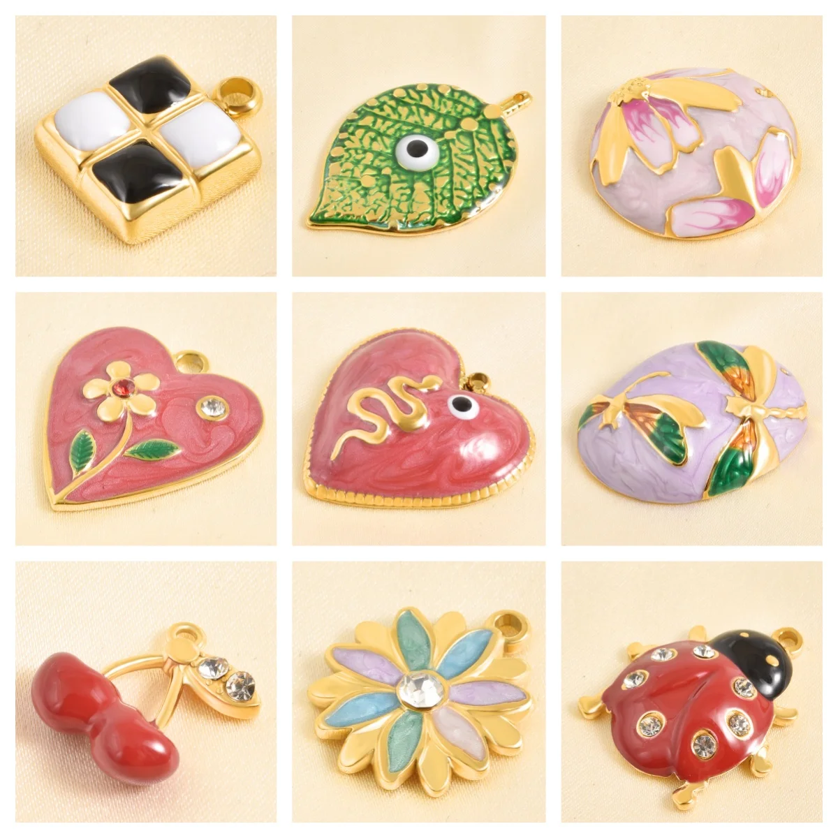 الأزياء 3 قطعة/الوحدة الملونة الفولاذ المقاوم للصدأ القلب Y2k الزركون زهرة الكرز اليعسوب الحشرات المينا المعلقات DIY بها بنفسك صنع المجوهرات