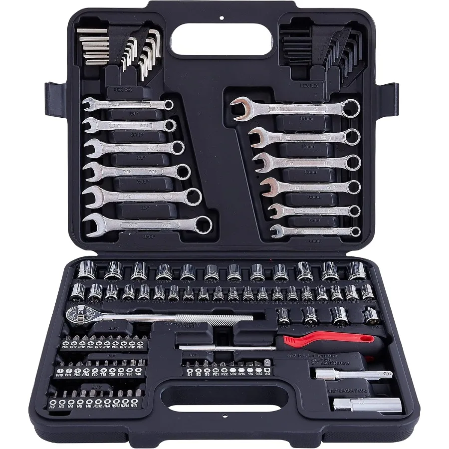 

121 Piece Mechanic Tool Set with 1 4 Inch and 3 8 Inch Drive SAE and Metric Sockets Combination Wrenches for Automotive Repair