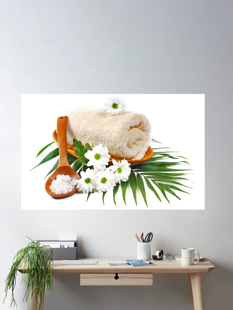 

Spa towel with flowers and salt on a wooden spoon, Art Print Canvas Poster, Living Room Decor, Home Wall Picture