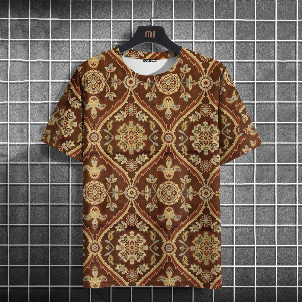 

Vintage Men's T-shirt Ethnic Print Casual Short Sleeve Summer Round Neck Streetwear Male Loose Sweatshirt Breathable Men Clothes