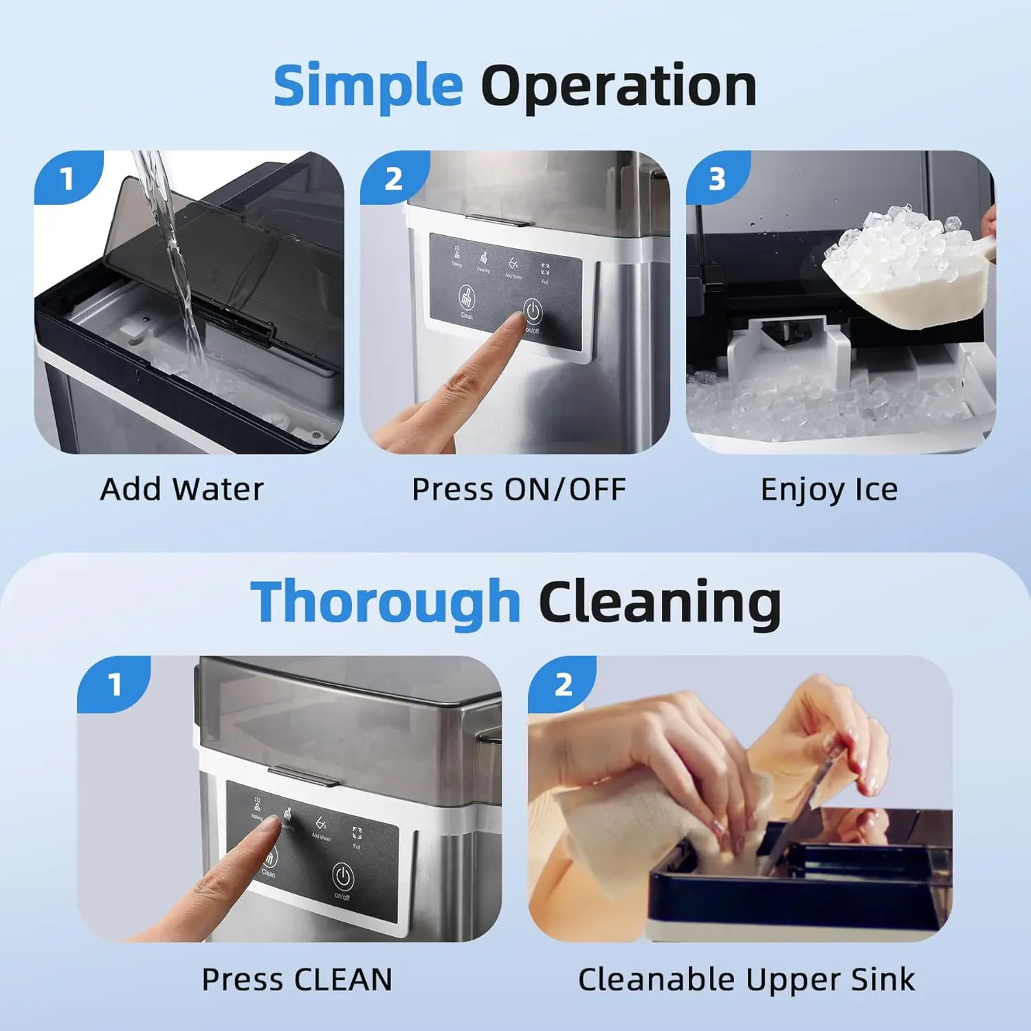 Ice Maker Countertop - 45lbs/24H, 5mins Making Soft Chewable Pellet Ice - Self-Cleaning, Sonic Ice, Pebble Ice Machine fo