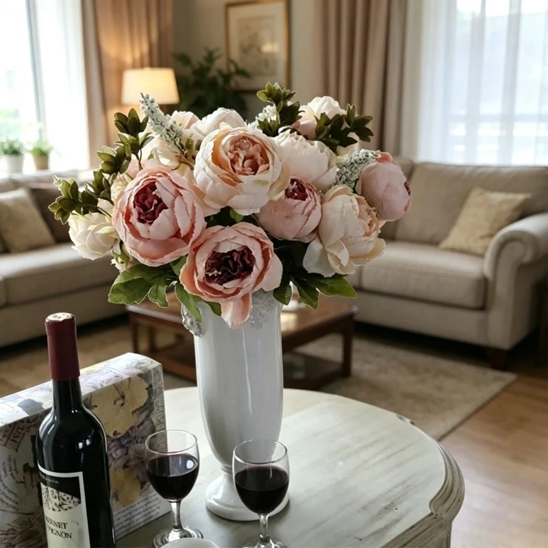 13 Heads Silk European Style Peony Bouquet Artificial Flower Rose Wedding Bride Bouquet Decor For Home Hotel Table Accessories
