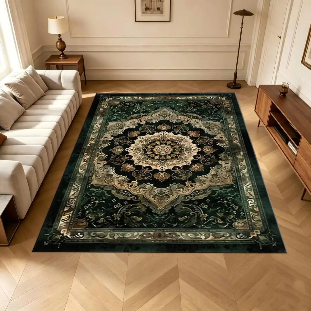 Emerald Green Medal Pattern Carpet, Soft and Comfortable, Suitable for All Seasons, Easy to Maintain, Machine Washable, Indoor Rug, Suitable for Living Room, Bedroom, Dining Room, Hallway, Office, Terrace, Home and Outdoor Decoration.