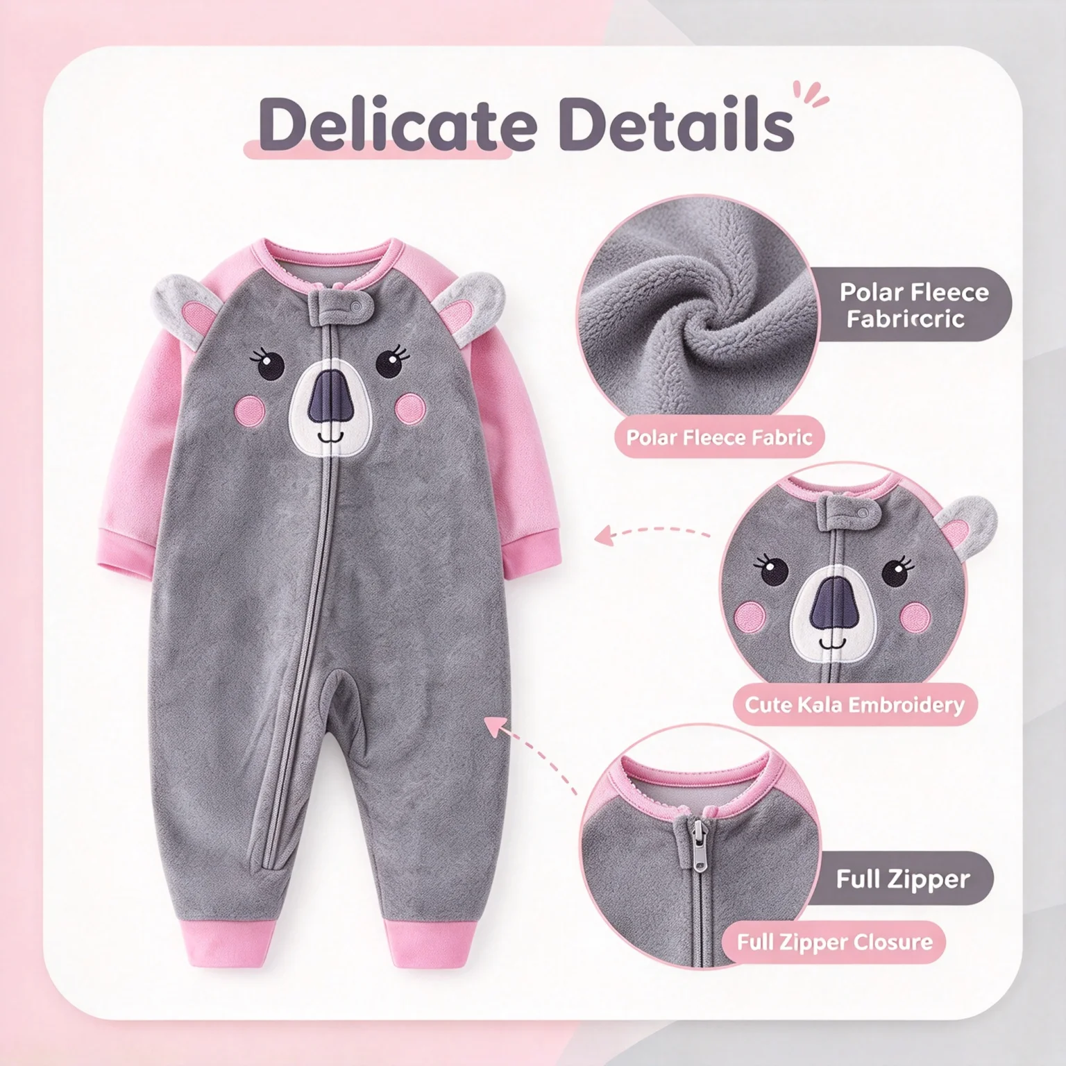 Polar Fleece Baby Romper Unisex Cartoon Koala Embroidery Long Sleeve Full Zipper Footless Jumpsuit 9-24M Infant Toddler Outfit